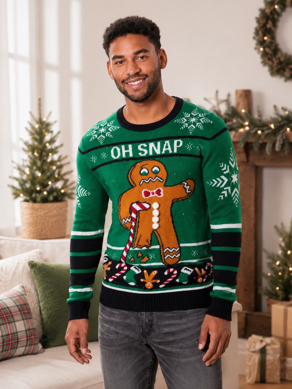 Men’s “OH SNAP” Gingerbread Ugly Christmas Sweater Green Crewneck Size NWT S